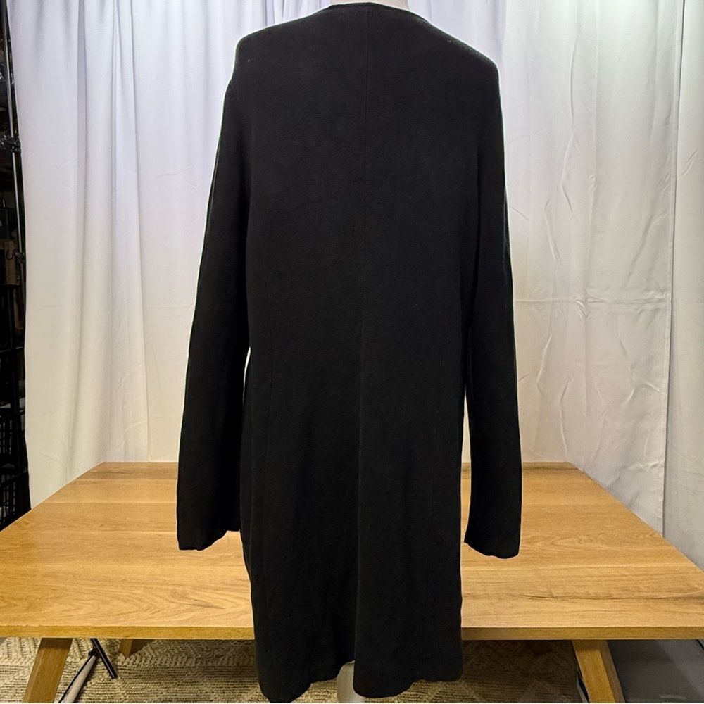 Eileen Fisher Long Knit Cardigan Jacket, Black Silk-Cotton Blend leather trim XL - Picture 2 of 12